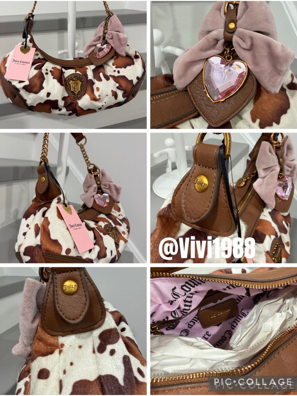 Juicy Couture Brown & White Cow Print Shoulder Bag with Pink Bow and Heart Charm